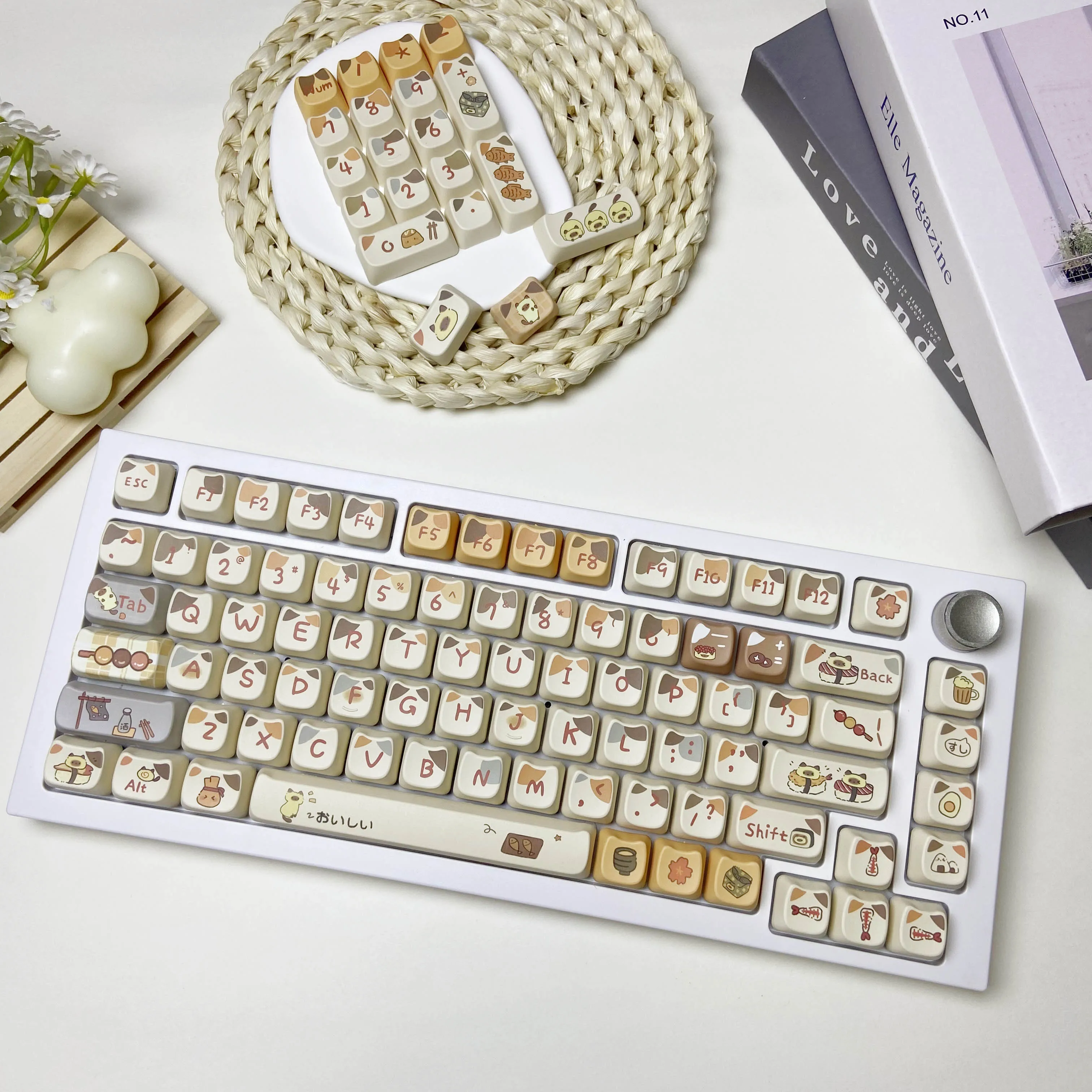 

Колпачки для клавиш MAO Cute Cat, профиль, форма кошачьего ушка, колпачки для клавиш из ПБТ, полный набор для 60% 75% 87% 100% раскладки MX, механическая клавиатура