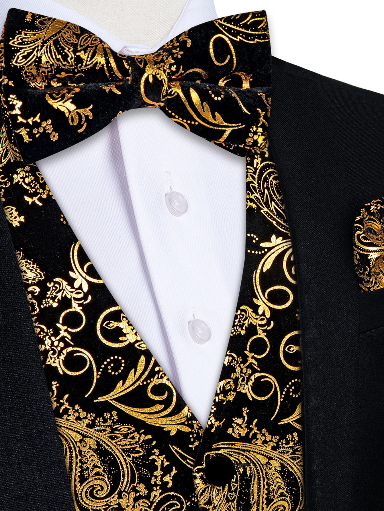 Black Gold Foil Paisley Waistcoat 4Pcs Outfit Bow Tie Square Cufflinks For Vintage Theme New Year Gala