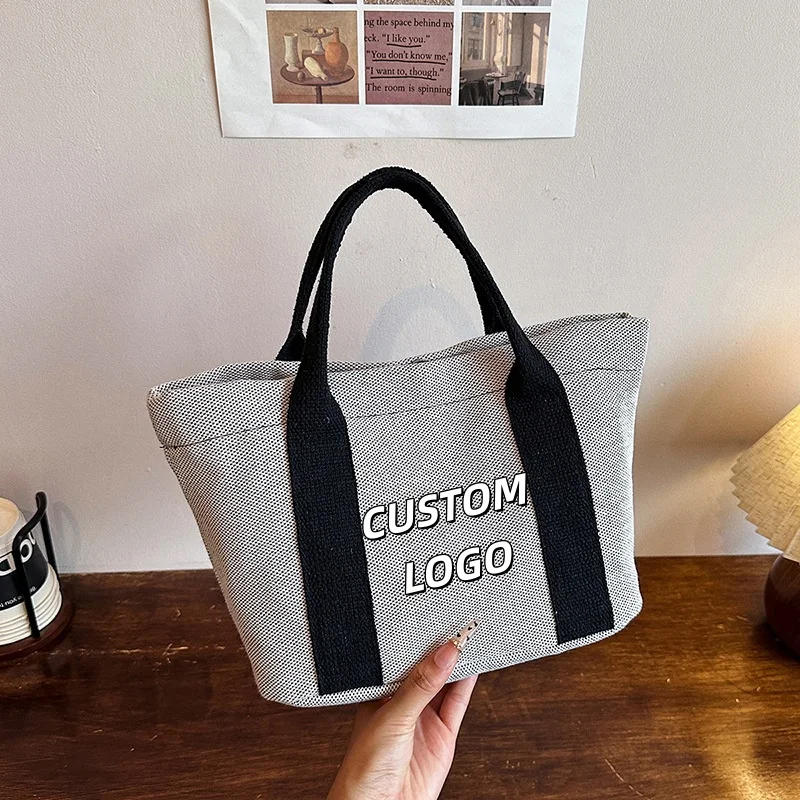 Custom Logo Contrast Black Strap Canvas Shoulder Tote Bag Textured Fabric Capacity Minimalist Casual Commuter Shopper Handbags