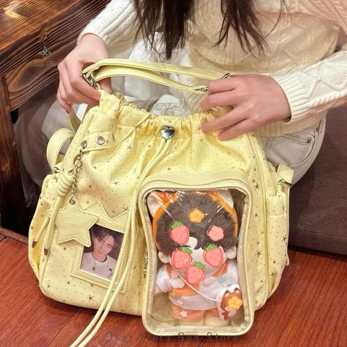 

New Y2K Star Dots Drawstring Ita Backpack Cute Girl Transparent Crossbody Shoulder Bag Large Capacity DIY Dolls Display Knapsack