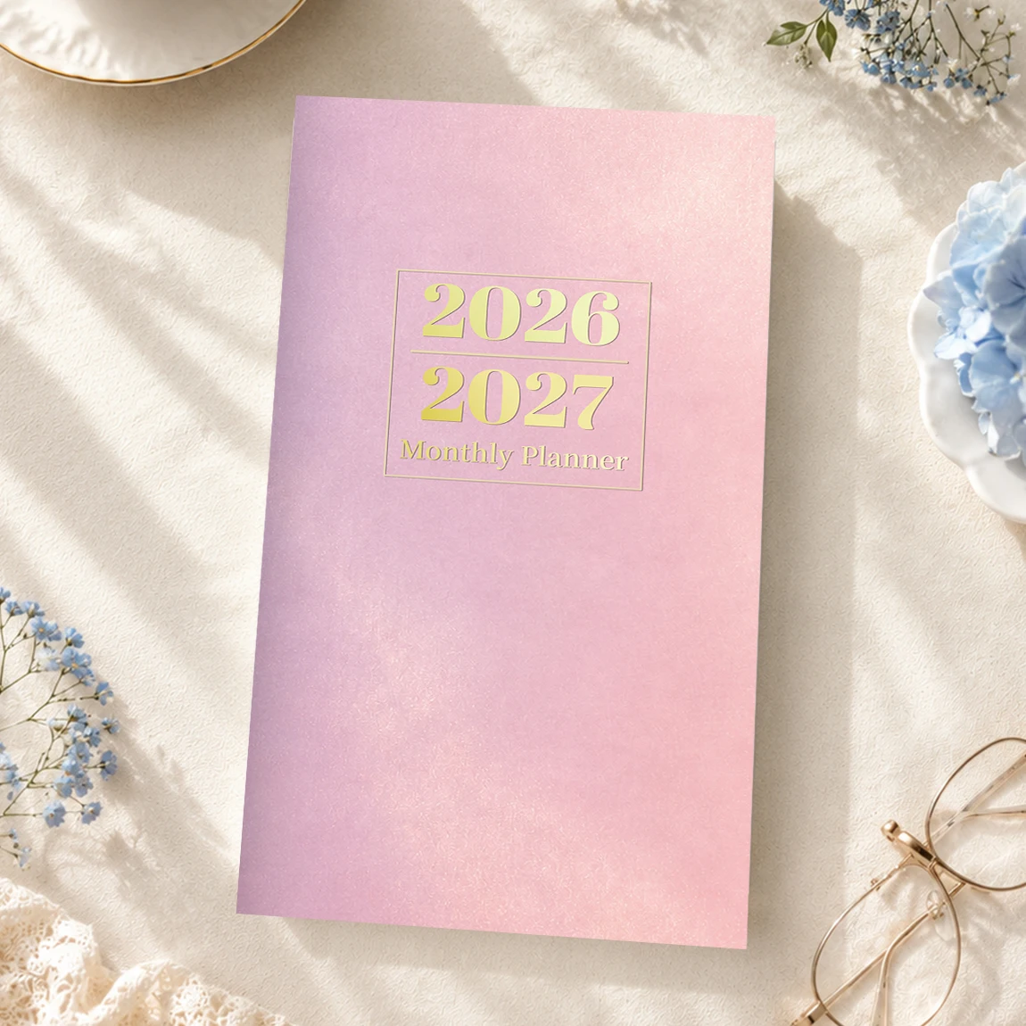 1PC A6 2026-2027 Monthly Planner, Jul 2026-Aug 2027 Pocket Calendar with Notes, Waterproof Pink Gradient Cover