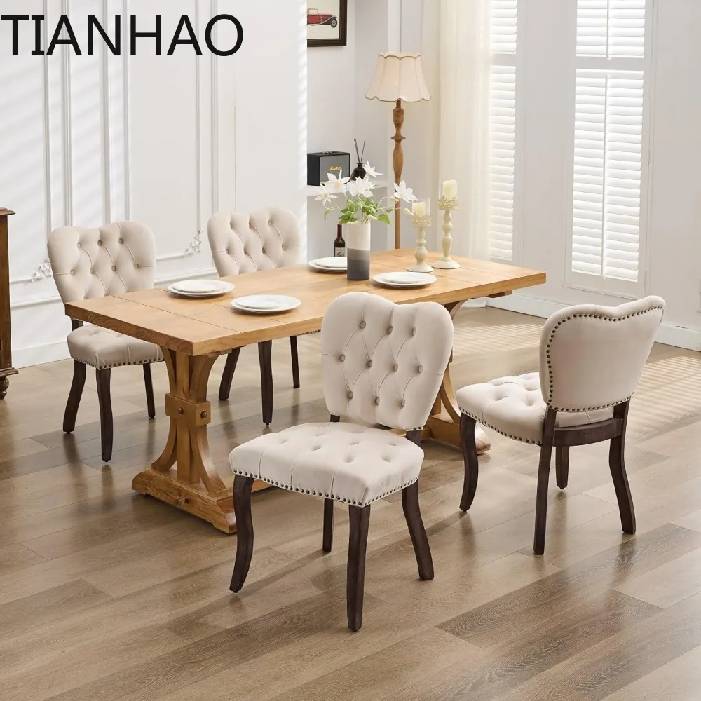 French Vintage Tufted Dining Chairs, Set of 6 Beige Velvet Upholstered with Solid Wood Legs, Ideal for Kitchen, Dining Room