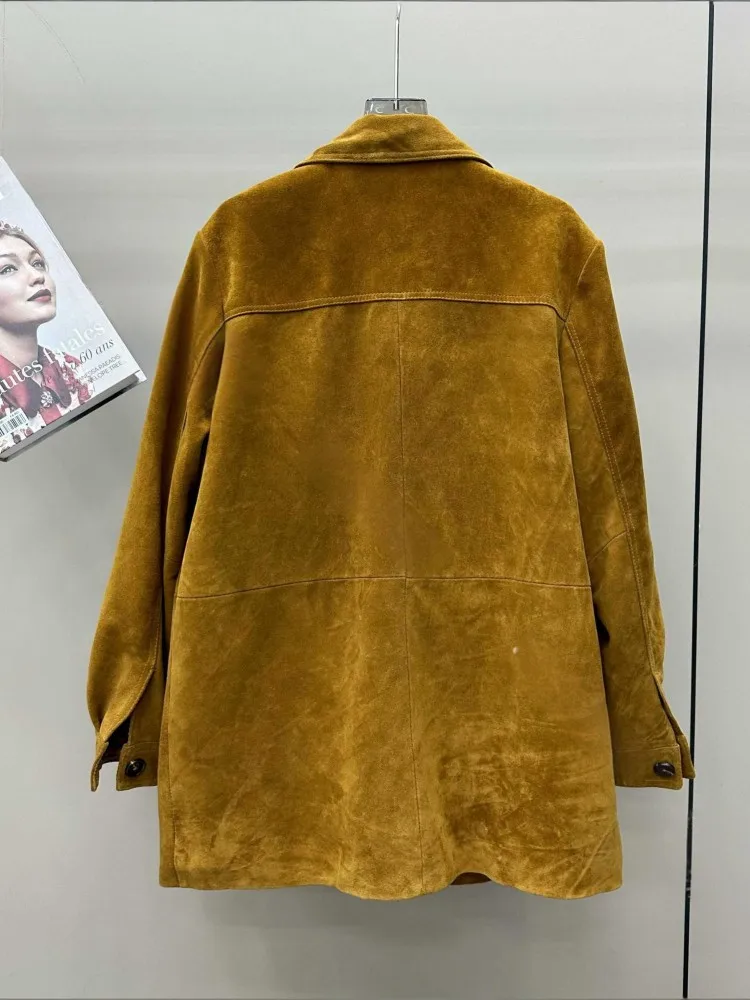 Alta qualidade camurça casaco de pele carneiro feminino único breasted médio longo primavera outono outerwear senhora harajuku jaqueta de couro genuíno