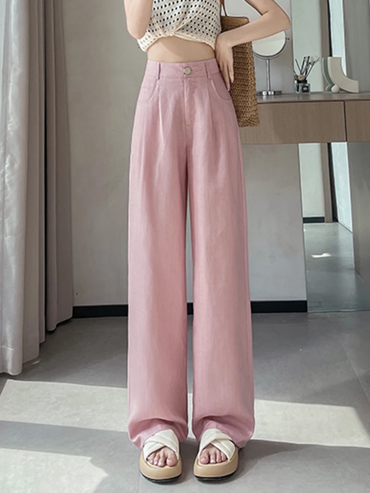 Calças de Cintura Alta em Seda de Gelo e Linho para Mulheres, Novas Calças Largas Casuais de Verão, Calças Retas para o Dia a Dia