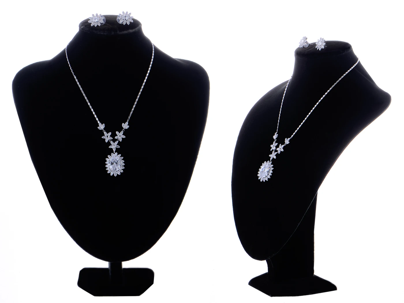 Silvery Tone Crystal Element Sunbursting Flower Earring Necklace Set