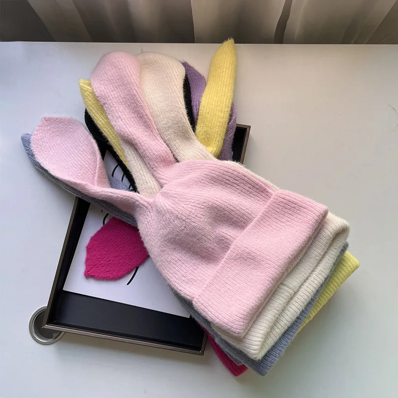 Japanese Long Ears Rabbit Knitted Hat Women's Winter Warm Soft Solid Color Woolen Hat