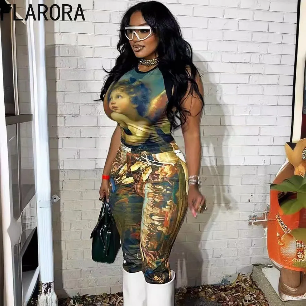 

FLARORA Vintage Printing 2 Piece Sets Woman Round Neck Sleeveless Slim Crop Tops And High Waist Skinny Pants Outfits 2025 New