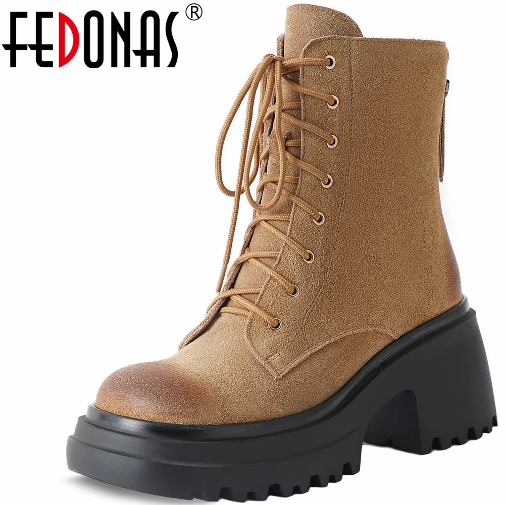 

FEDONAS Cross-Tied Thick Heels Women Ankle Boots Genuine Leather Autumn Winter Platforms Casual Shoes Woman Motorcycle Boots New