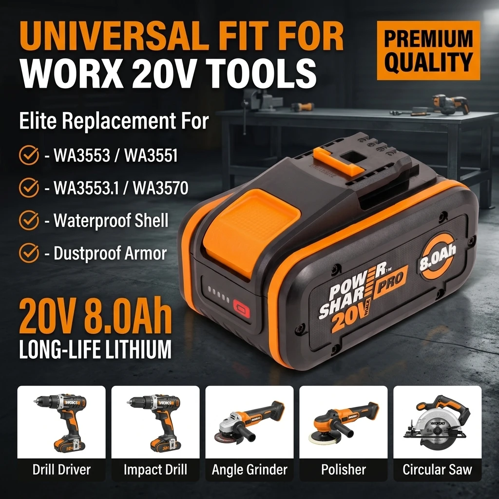 Batteria al Litio Ricaricabile Originale 20V 8.0Ah ad Alta Capacità, Adatta per Sostituire le Batterie degli Attrezzi da Giardino dei Modelli Worx WA3