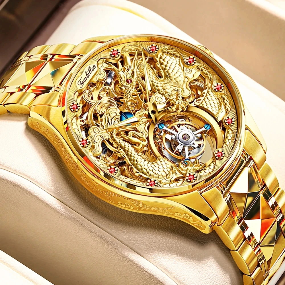 Imagem -02 - Oupinke-relógio de Pulso Mecânico Masculino Turbilhão High-end Luxo Superior Automático Golden Dragon