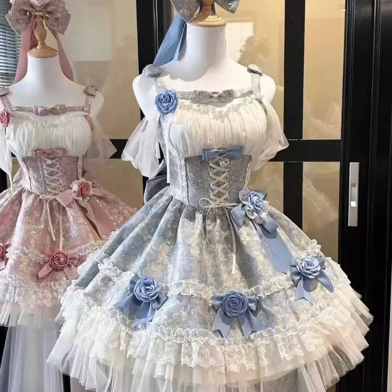 2025 French Summer Sweet Y2k Fairy Lolita Dress Women Long Sleeve Lace Mini Dress Vintage Kawaii Clothes One Piece Dress Korean