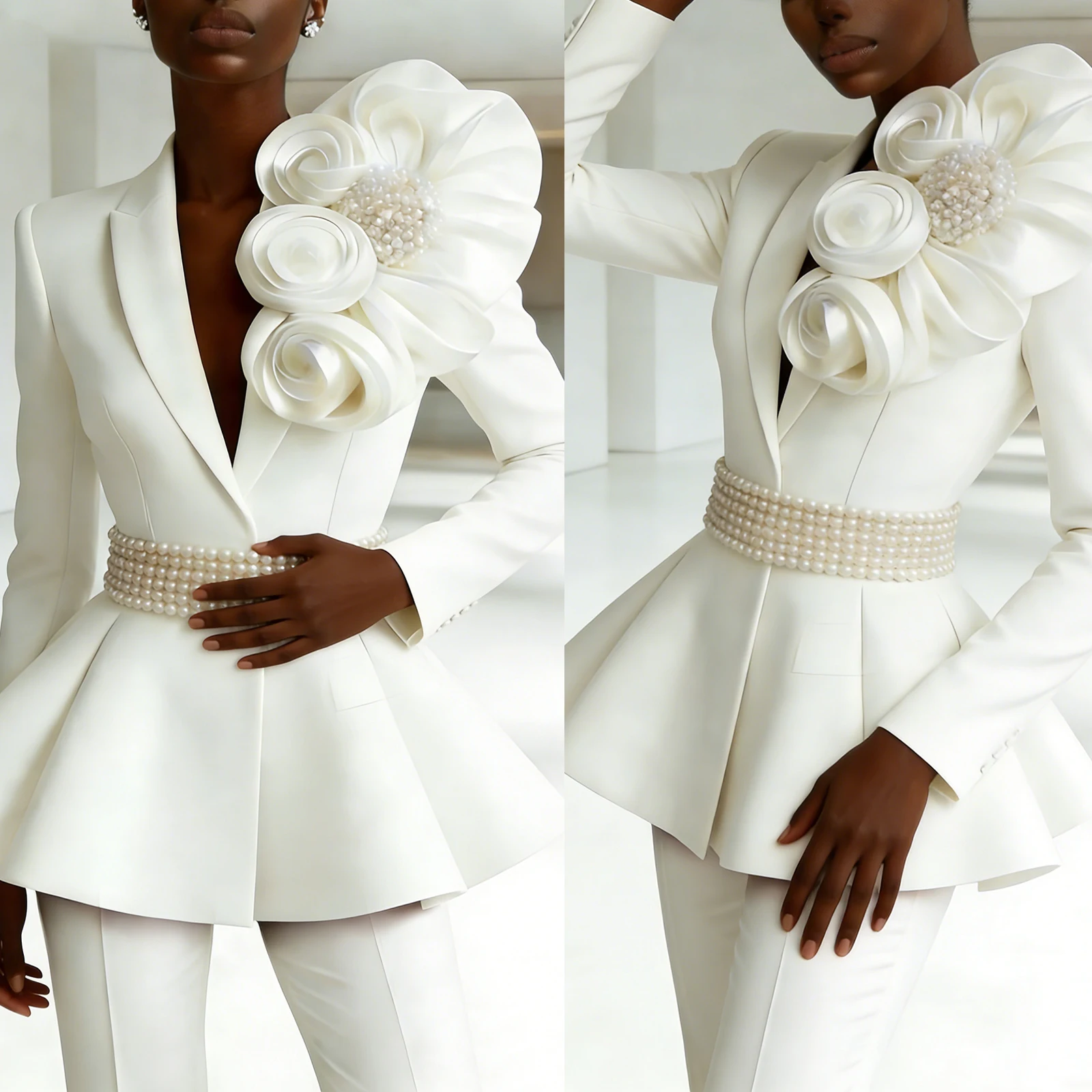 

Женский брючный костюм с жемчужным цветочным декором, 2 предмета: приталенный блейзер с пеплумом и брюки. Элегантный наряд для свадьбы, матери невесты, вечеринки. Индивидуальный пошив.