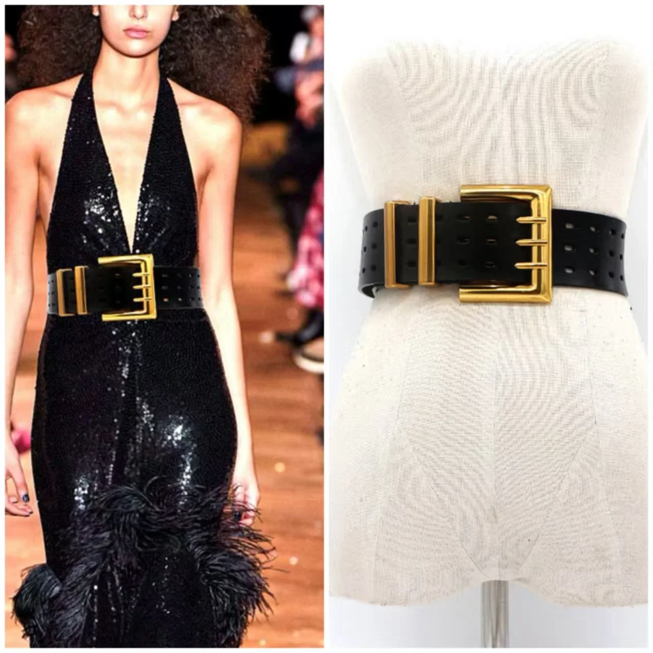 

Genuine Leather Waist Seal Wide Eye Belts,Women's Three-row Needle Buckle Waistband,Pure Cowhide Bronze Buckle Wide Belt