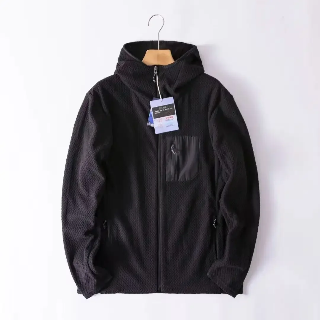 Mens Sports Hooded Jacket Zip Up Herringbone Texture Thermal Coat with Pocket Lightweight Warm Outerwear for Hiking