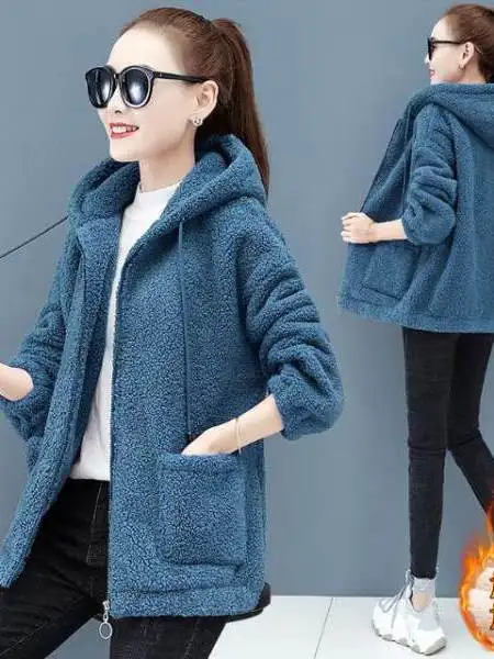 

plus Size Hooded Sweatirt Fce Lined Thiened Autumn Winter Long Jaet Women's Sle Commute Korean Loose Fit High Waist