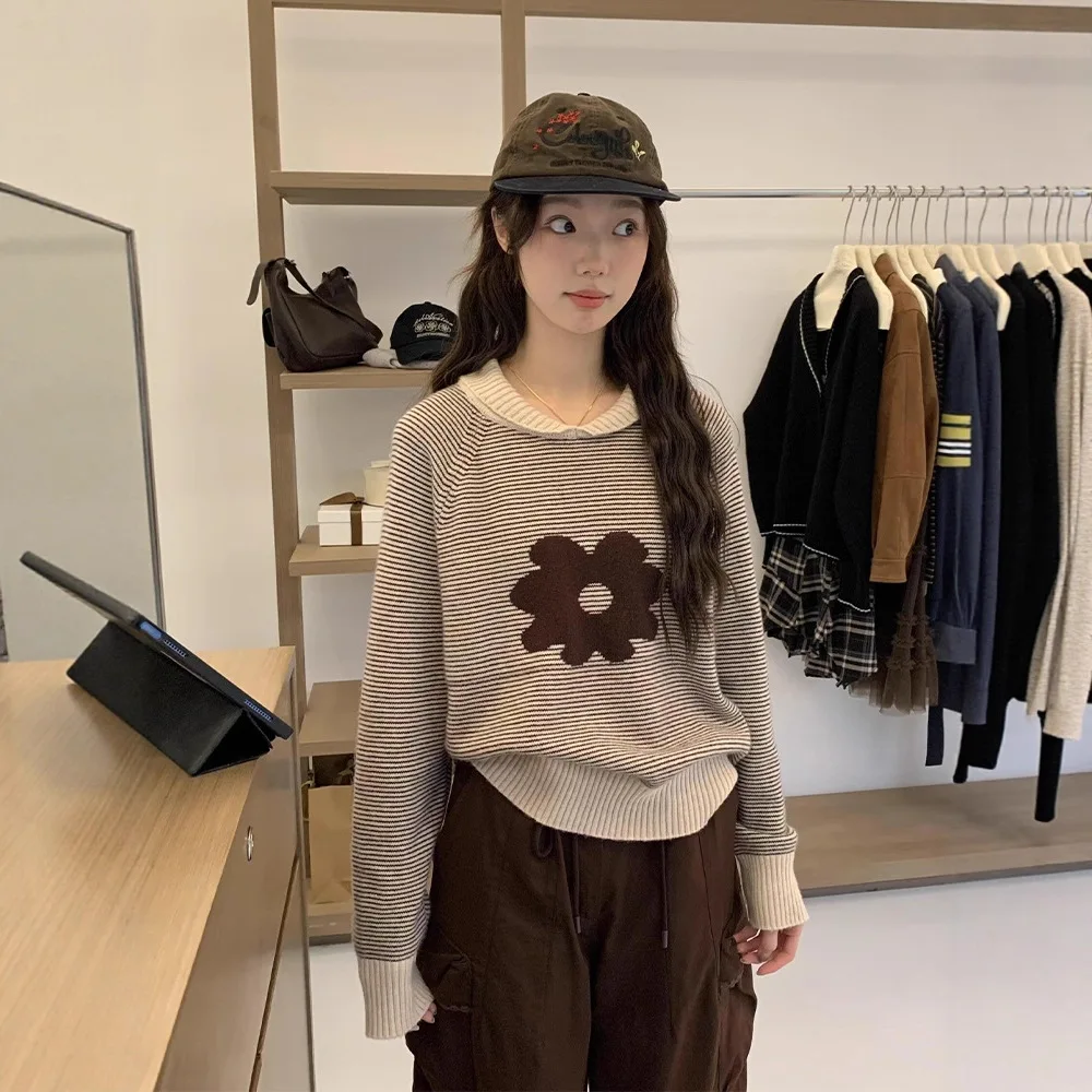 

Женские вязаные пуловеры, свитера, полосатые джемперы с цветочной вышивкой, отложной воротник с длинными рукавами, повседневные офисные женские туфли, осень 2023 г.