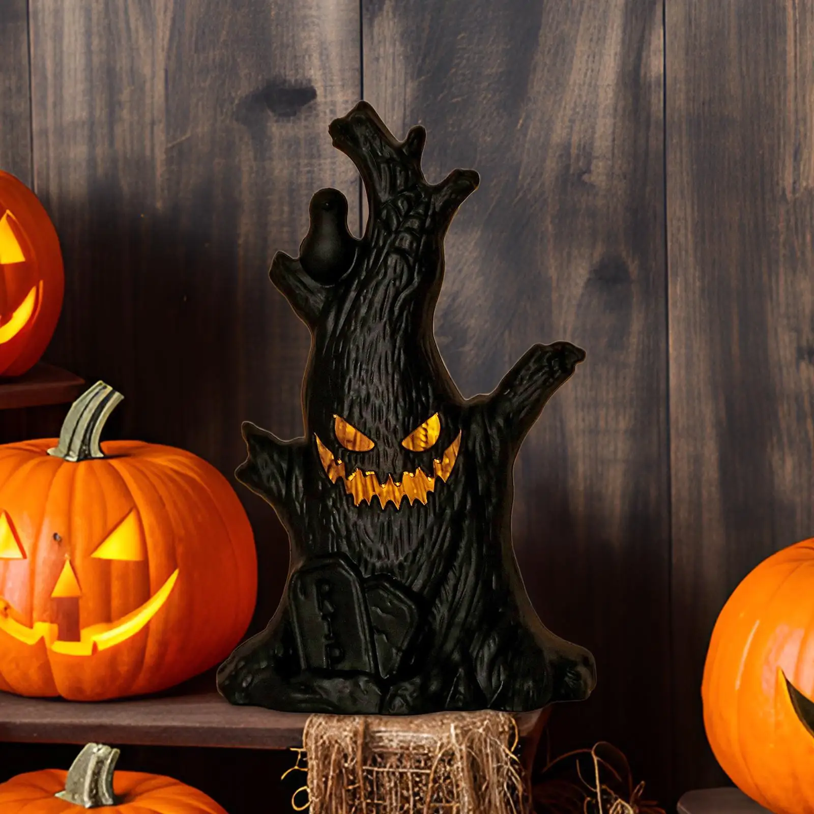 Adorno iluminado de tocón de árbol fantasma de Halloween, escultura de plástico para mesa del hogar