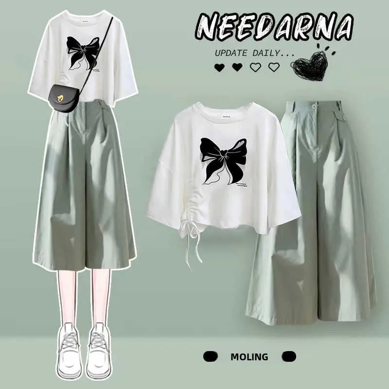 

Summer Sweet Cool Drawstring Women's Student Two-Piece Set Short Sleeve round Neck Polyester Fiber Seven-Quarter Length Pants