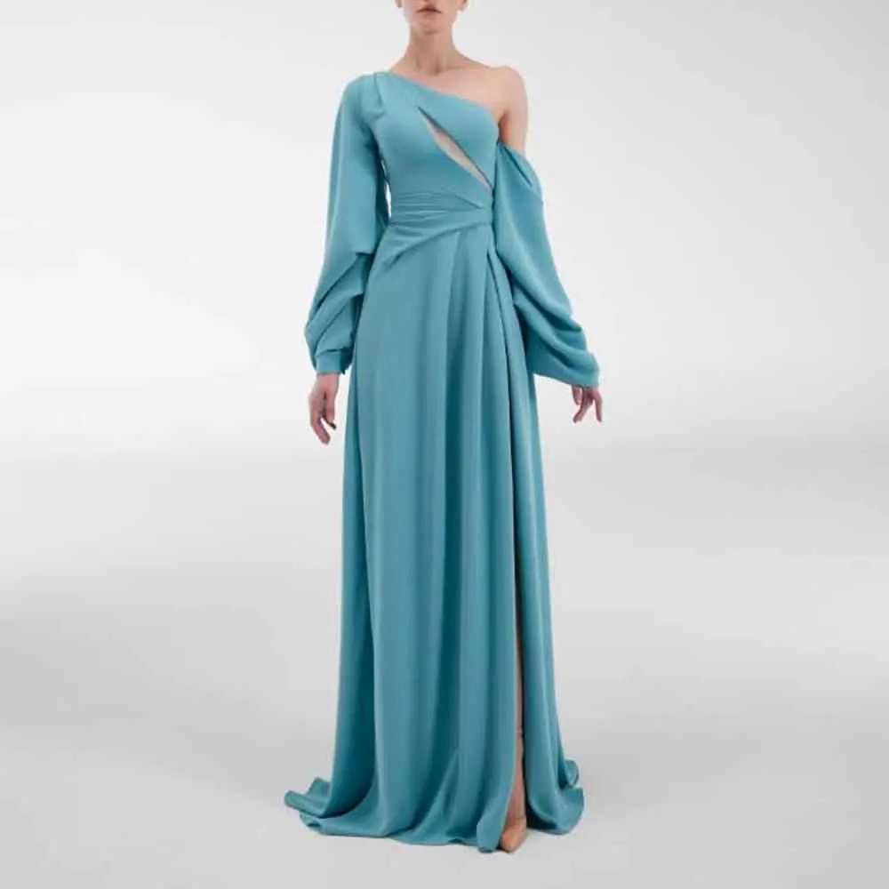 

Customized Keyhole One Shoulder Evening Dress Off the Shoulder A Line فساتين سهرات with Pleat Side Split Satin Dress