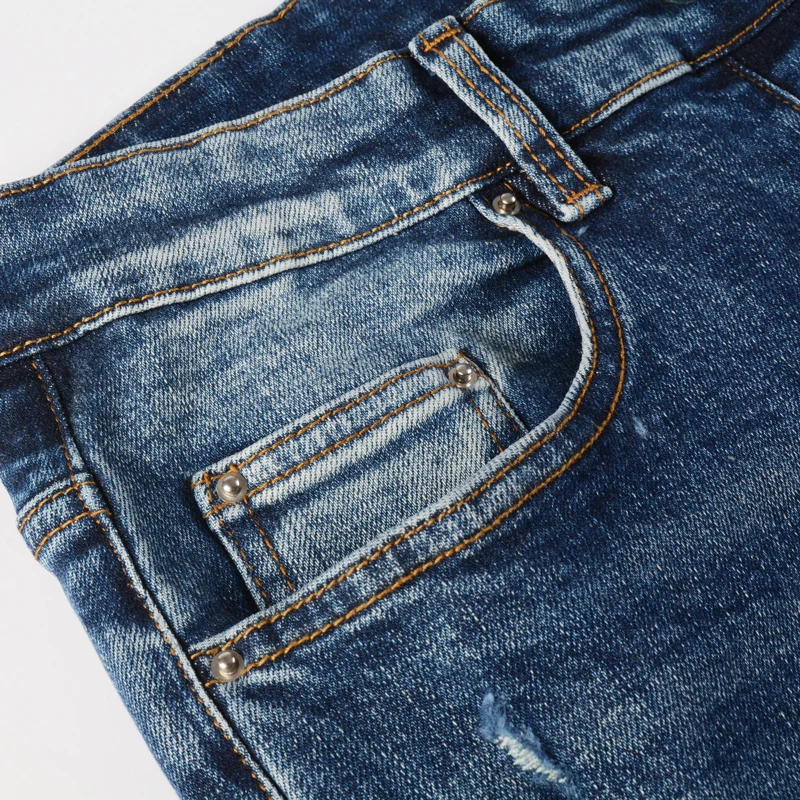 

Y2K Fashion New Blue Men's Jeans Washed Nostalgic Perforated Blue Leather Patch Jeans High Street Stretch Slim Hip Hop Brand Pan