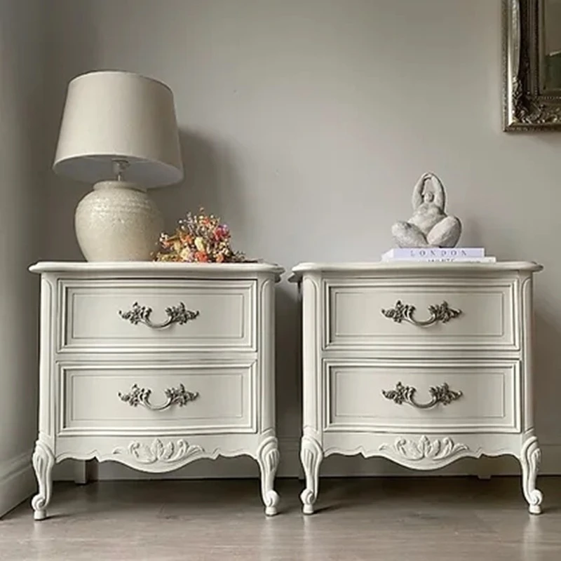 Country carved bedside table French retro solid wood hand-carved antique old bedside drawer storage cabinet