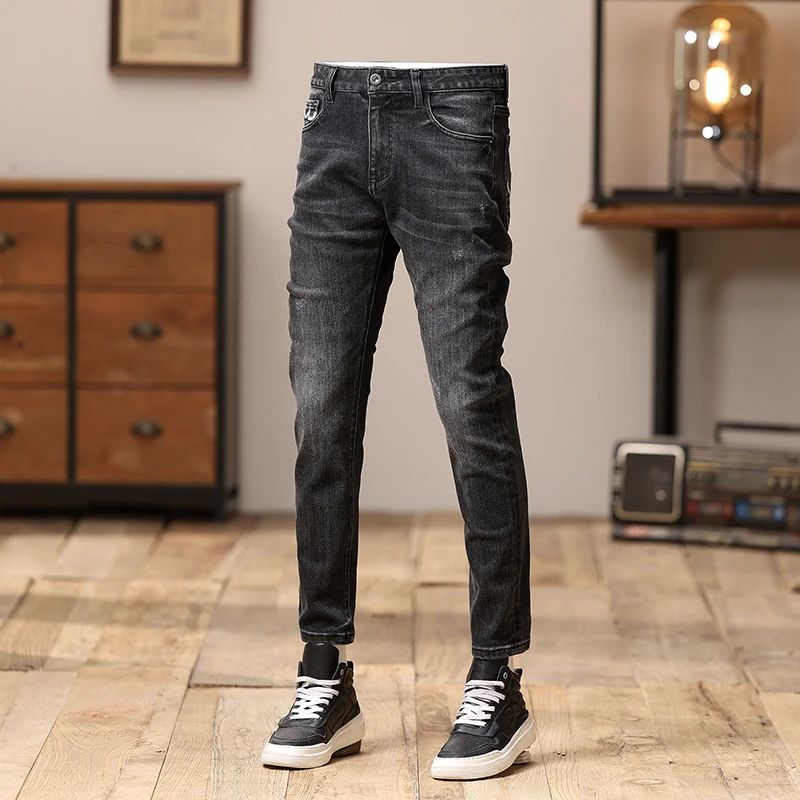 Trendy Fashion Men's Jeans Straight Skinny Versatile Embroidered Washed High-End Youth Daily Work Autumn and Winter Pants