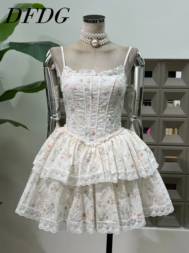 

DFDG Women’s Embroidered Lace Boned Strap Backless Lace-Up Tiered Floral Simple Elegant Dress Spring Summer 2025 Womens Dresses
