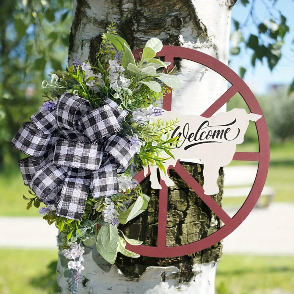 

Spring Wreath Decoration 15.7in Cattle Wooden Wheel Wreath with Lambs Ear Lavender and Checkered Bow Farmhouse Welcome