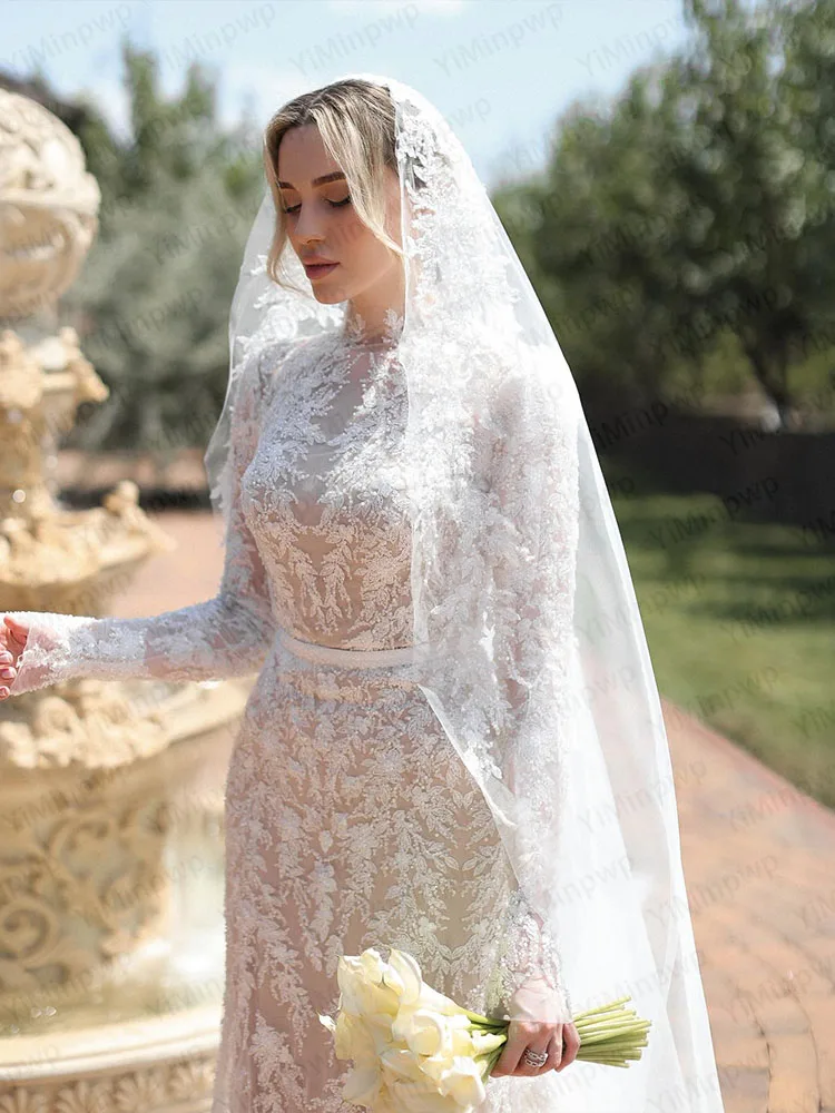Elegant Wedding Dresses High Neck Long Sleeve Mermaid Islamic Bride Dress Women Civil Lace Bridal Gown Customized robe de mariée