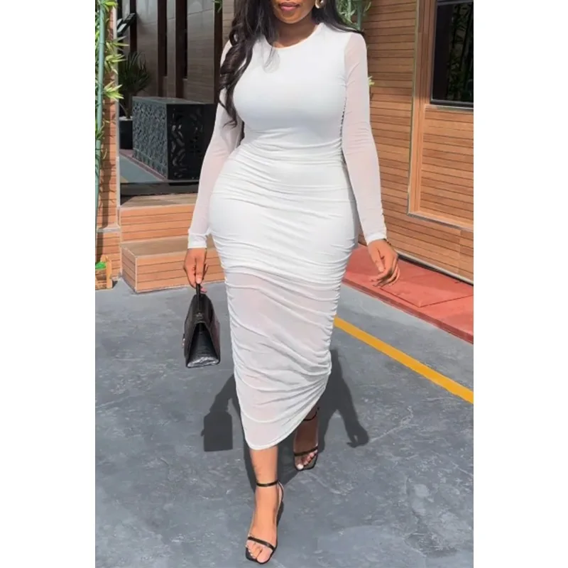 

Wepbel Fashion Sexy Slim Hip Dress Women Mesh See Through High Waist Bodycon Dress Long Sleeve O-neck Sheath Midi Dress Robe