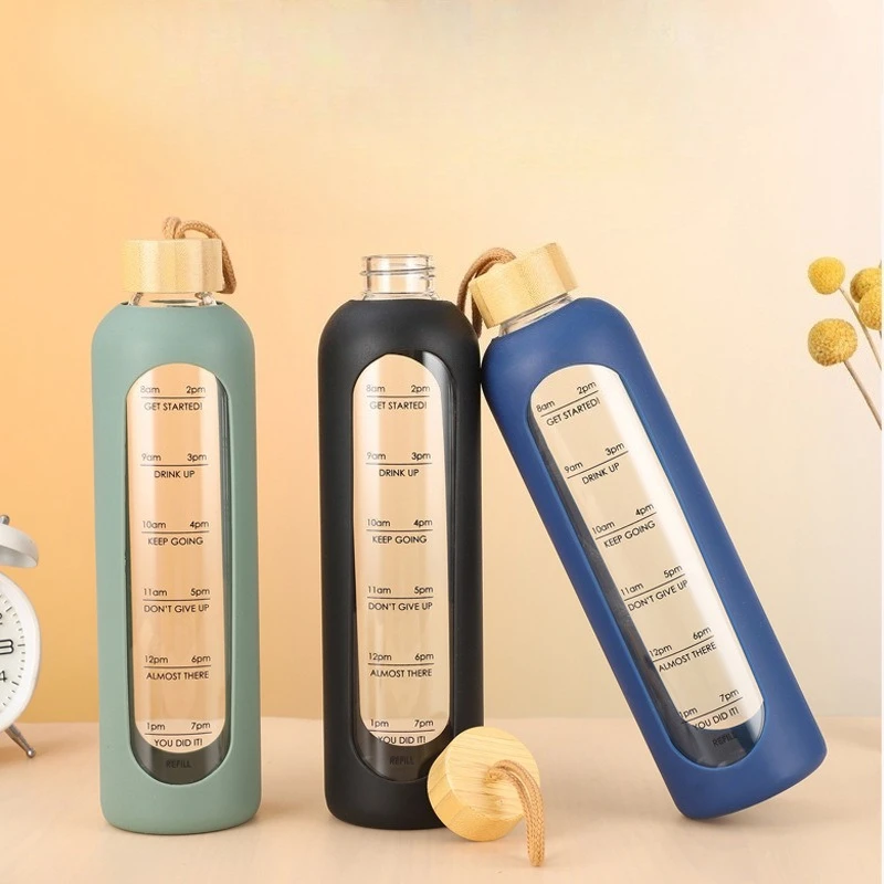 32oz Time-marked Glass Water Bottles Portable Drink Bottle Bamboo Lid Free of Lead Motivational Sport Silicone Sleeve Bottle
