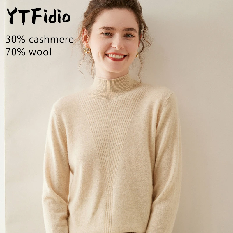 YTFidio-Suéter de lã merino de caxemira para mulheres, manga comprida, gola meia alta, mockneck, jumpers casuais, malha sólida, tops de pulôver, 105