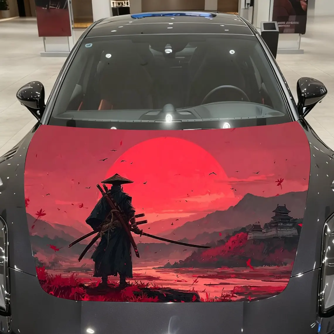 

Red Night Moon Double Blade Warrior Design Car Hood Film Stickers, Fashion Graphic Stickers, Self-adhesive Wear-resistant, Car D