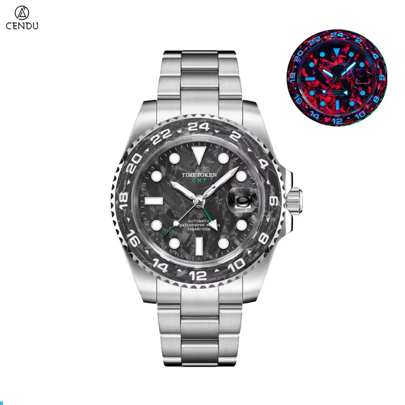 

Мужские часы GMT, автоматические, из нержавеющей стали, 5833, матовый браслет, безель из углеродного волокна, водонепроницаемость 100 метров, прозрачная задняя крышка