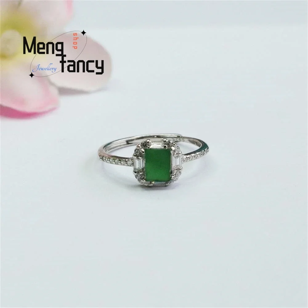 

S925 Silver Lnlaid Natural Jadeite Ice Type Imperial Green Jade Ring Simple Exquisite High-grade Luxury Quality Fashion Jewelry