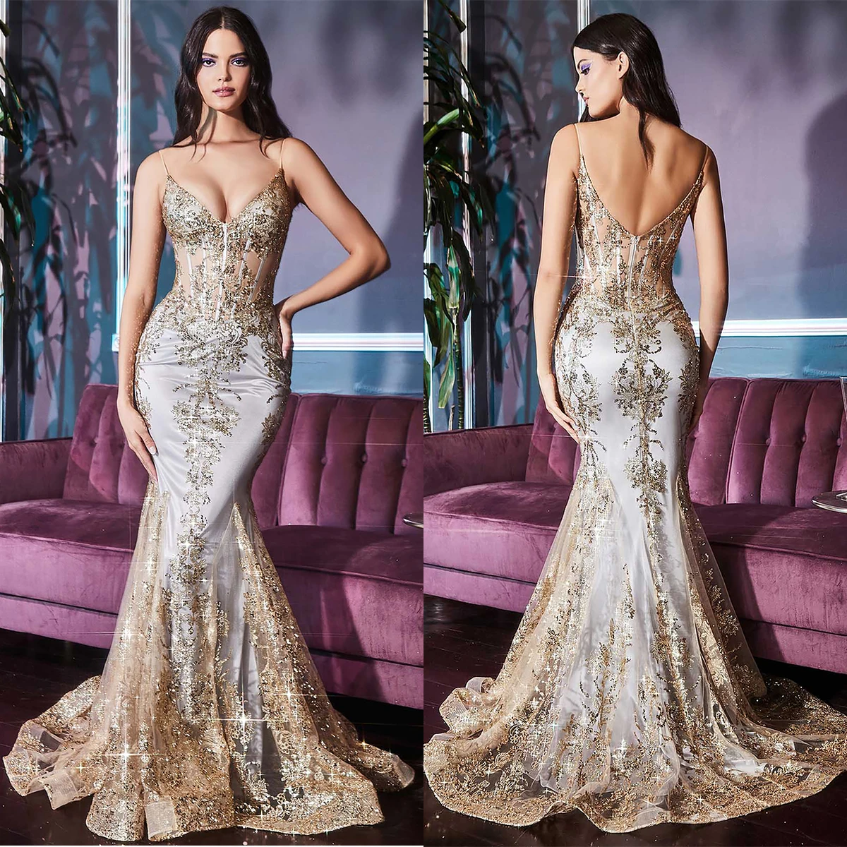 Elegant Mermaid Evening Dresses Shine Gold Appliques Sexy Slim Fit Sling V-Neck Sweep Train Backless Prom Dresses Custom Made