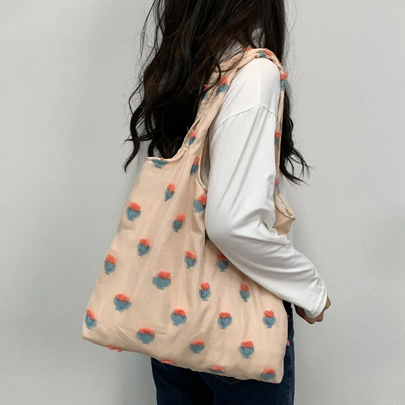 Flower Large Capacity Canvas Yarn Tote Bags for Work Commuting Carrying Bag College Style Student Outfit Book Flora Shoulder Bag