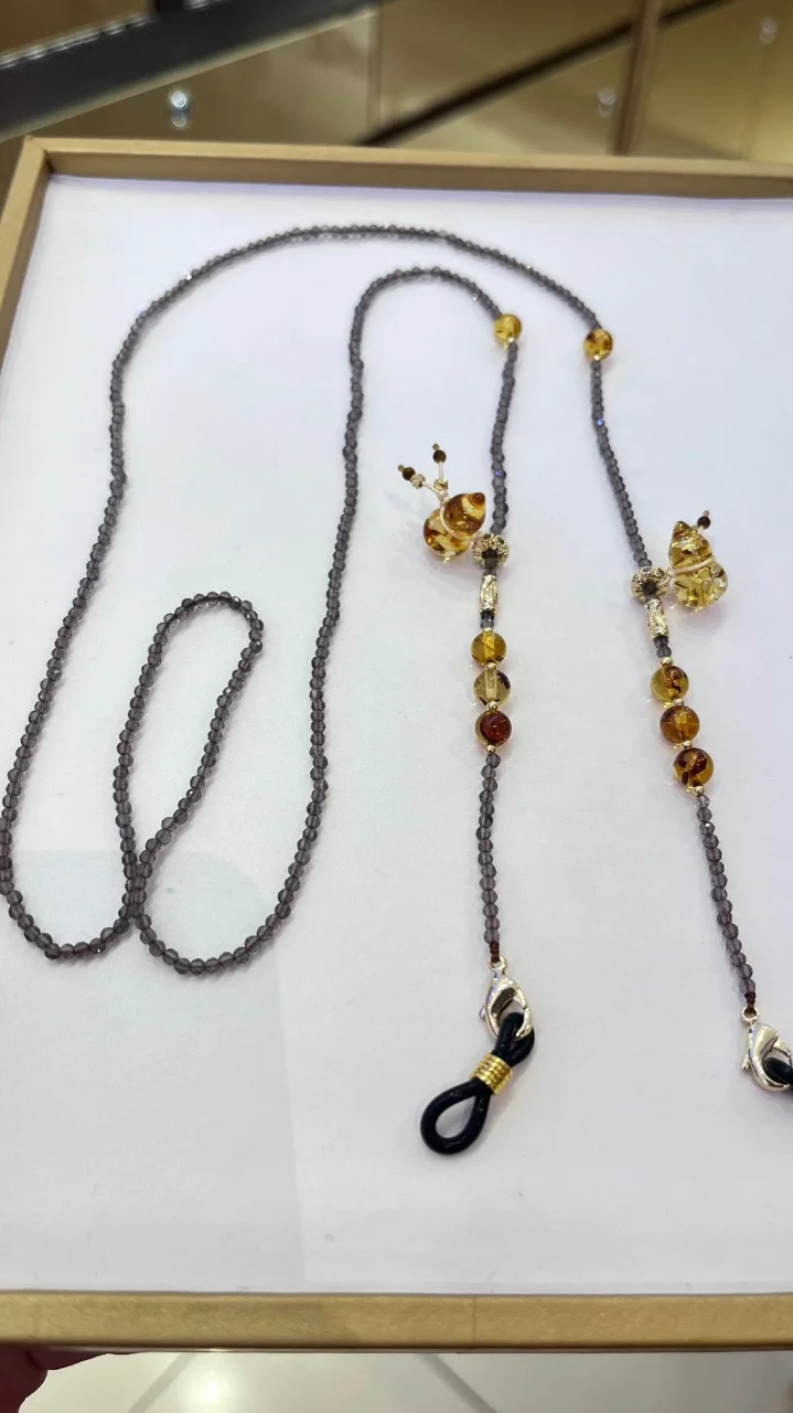 Certificated Natural Flower Amber Gourd Charm Eyeglass Chain Jewelry Authentic Obsidian Beaded Strand Sunglasses Fine Accessory