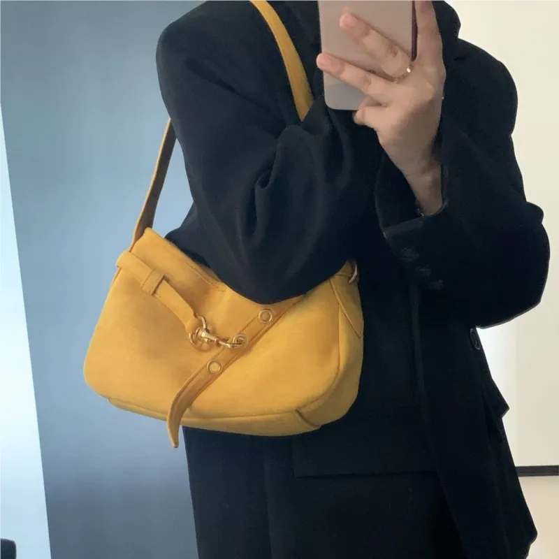 

JIAERDI Yellow Suede Handbag Women Retro Fashion Versatile Shoulder Bags Ladies Casual Minimalist Commute Underarm Bag 2025 New