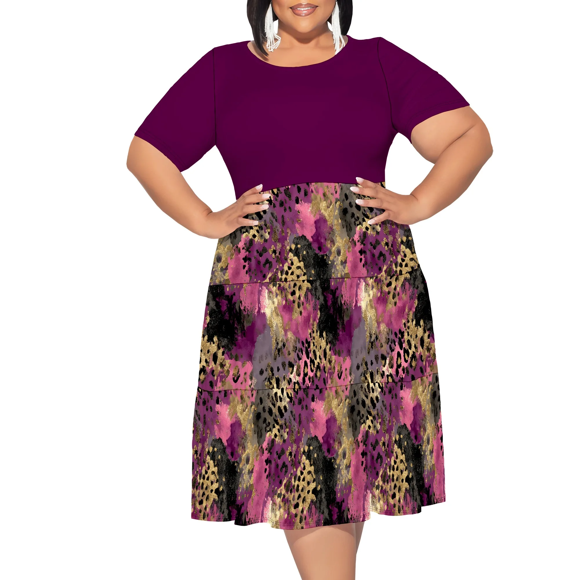 

Womens Plus Size Summer Dress 2025 Casual Short Sleeve Empire Waist Loose Fit Swing T-Shirt Dress with Pockets