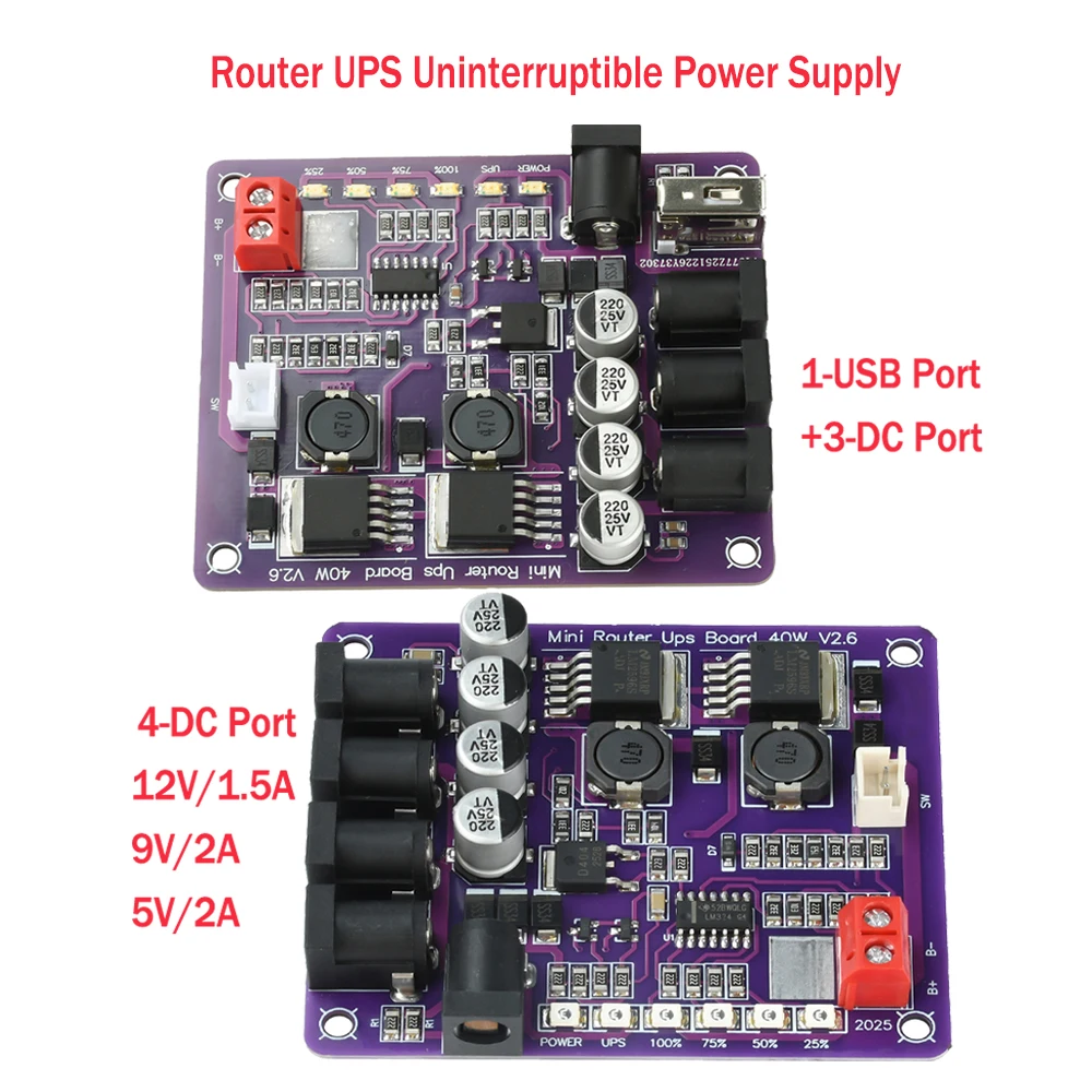 40W Router UPS Uninterruptible Power Supply Board 12.6V Battery Charging Board 4-Channel Power Module Output USB DC Port