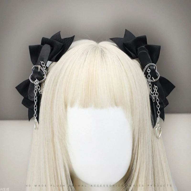 

Заколка для волос в стиле Лолиты в стиле панк, аксессуары с бантом, хардкорная заколка ручной работы с милым черным сердечком для JK, модная темная каваи