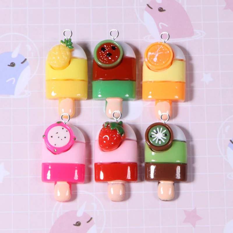 10pcs Cute Orange Watermelon Kiwifruit Pitaya Ice Cream Charms Diy Cartoon Earring Fruit Pendants Kawaii Women Jewelry Making