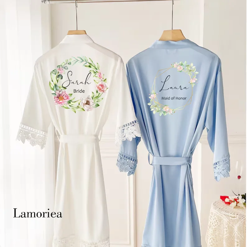 Personalised Sky Blue Floral Wreath Robes Custom Bridal Robe Satin Wedding Bridesmaid Kimono Dressing Gown Maid of Honor Robe