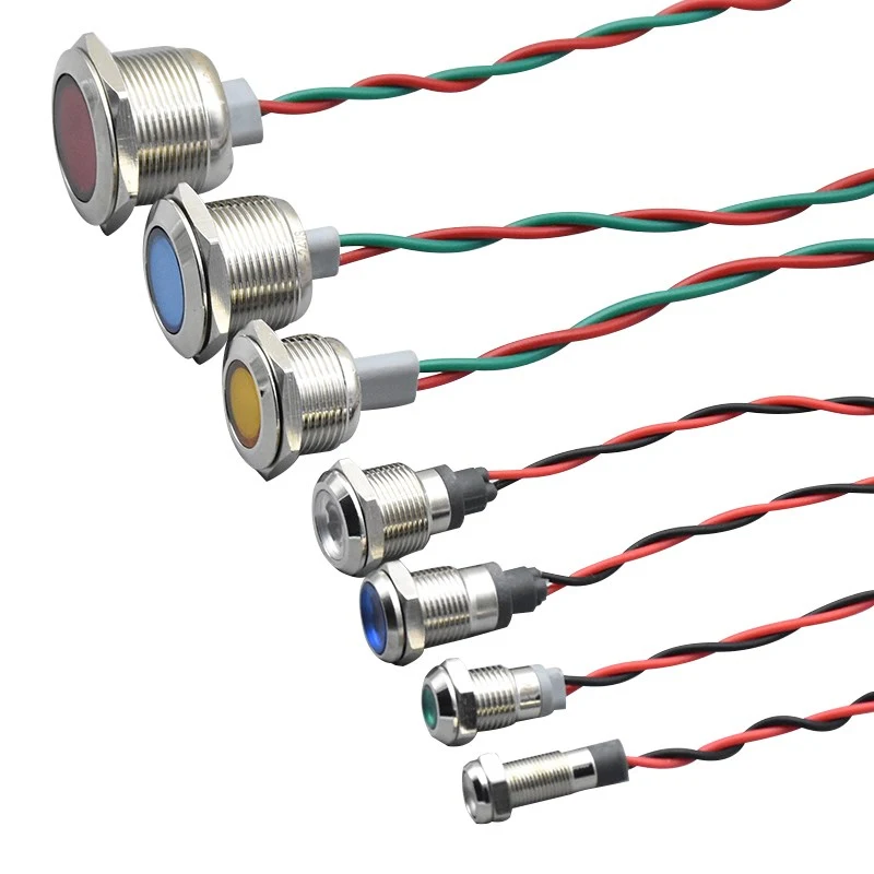 Voyant LED en métal étanche IP67, indicateur d\'iode, lampe de signalisation, fils pilotes, interrupteur, 6V, 12V, 24V, 220V, rouge, bleu, 6mm, 8mm,