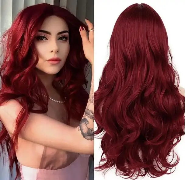 Burgundy Synthetic Wig Ladies Middle Part Natural Large Waves Long Curly Hair Daily Cosplay High Temperature Silk Headgear