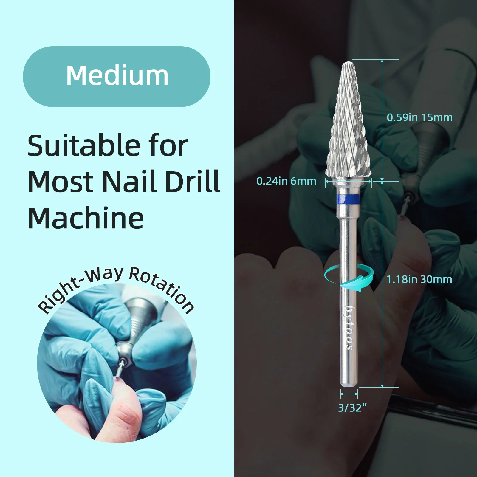 HYTOOS forets à ongles coniques 15mm forets coniques en carbure anti-poussière pour l'élimination des ongles manucure vernis Gel doux nettoyage des cuticules