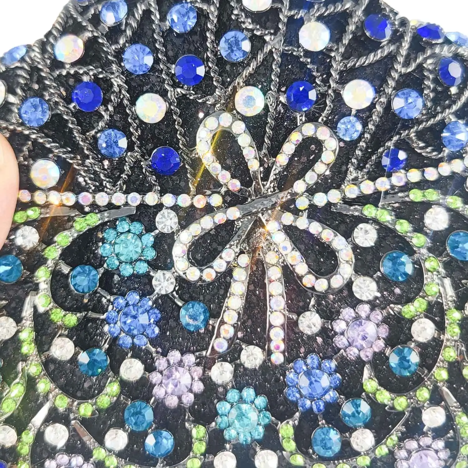 Boutique De FGG Gourd Shape Women Blue Evening Bags and Clutches with Bow Party Rhinestone Minaudiere Handbags Crystal Clutch