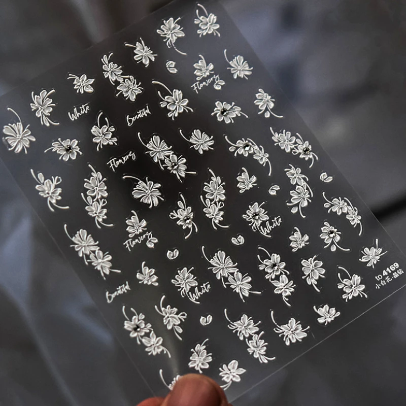 1 pièce 5D blanc floraison fleur autocollant pour ongles fleur arc strass perle doux relief nail art décoration autocollant nail art décalcomanie