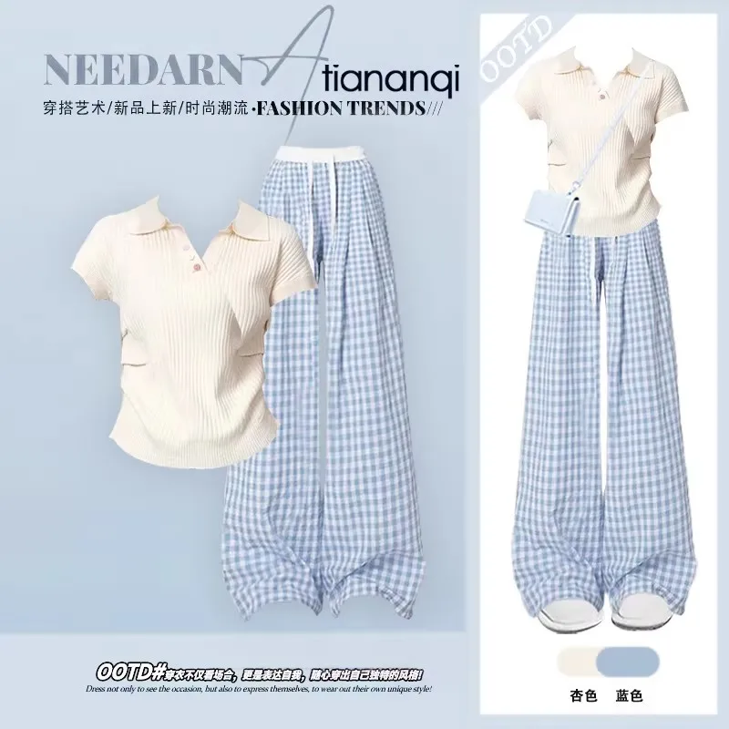 

Модный повседневный женский комплект для весны и лета: топ в стиле дофамин + синие брюки в клетку, комплект из двух предметов